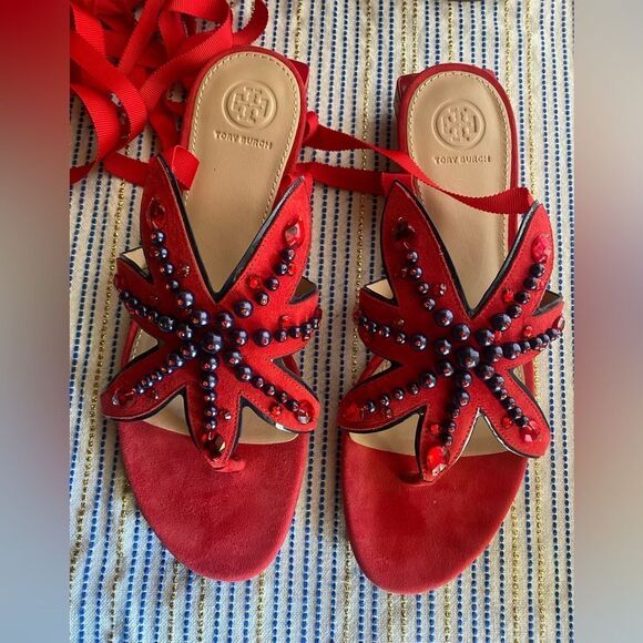 Tory Burch Shoes - Tory Burch Suede Red Beaded Women's Sandals Sz 9